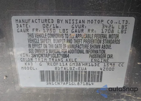 2016 Nissan Versa 1.6 S/1.6 S+/1.6 Sl/1.6 Sv z USA, uszkodzony, nr VIN 3N1CN7AP1GL871864